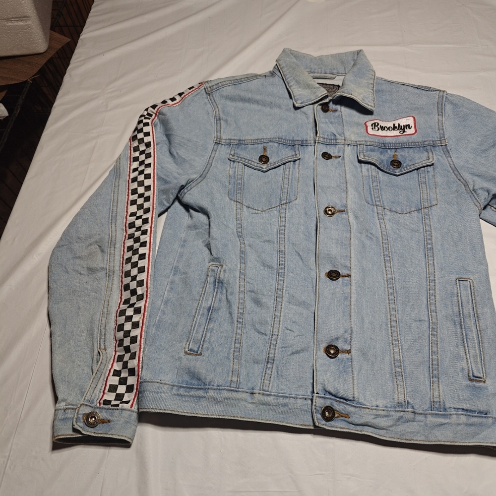 Brooklyn Cloth Denim Jacket Women’s Small Blue Checkered Skater Y2K Grunge - Picture 2 of 14